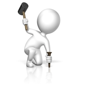 A man hammers a stake into the ground. This clip-art can represent the idiom to stake a claim.