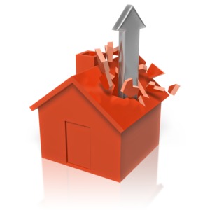 An arrow shatters the roof of a house. The clip-art can represent the idiom of &quot;Going through the roof&quot;.