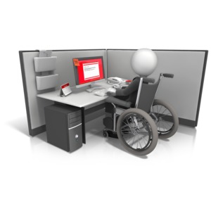 An image of a handicapped figure in a wheelchair sitting at a desk.