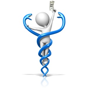 This clip art image shows a caduceus medical symbol wrapped around a figure with money in hand.
