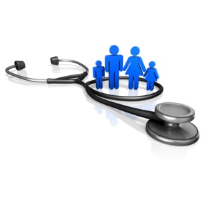 This clip art image shows a family standing in the loop of a stethoscope cord.