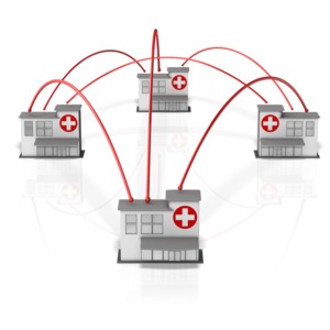 This clip art shows a group of hospitals connected.