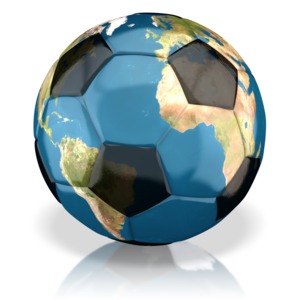 This clip art image shows a soccer ball with the world map on it.