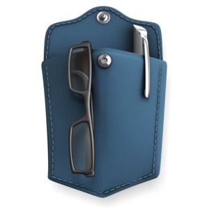 A pocket with glasses and a pen inside of it.