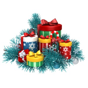 An image of a group of presents in a pine arrangement.