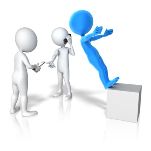 This clip art shows one figure trust falling off a box as two catchers are distracted by communication technology.