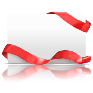 An image of a white card with festive ribbon wrapped around it.