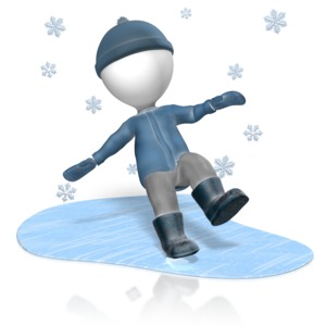 A stick figure in winter gear falls on a patch of ice.