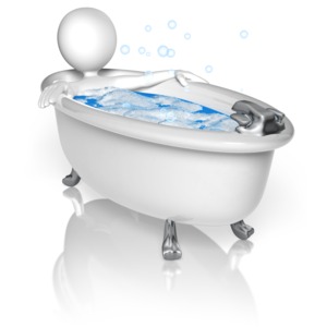 A stick figure relaxes with a bubble bath in a vintage tub.