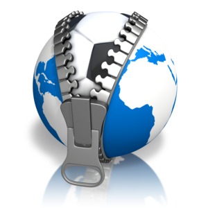An image of an earth being zipped open revealing a soccerball.