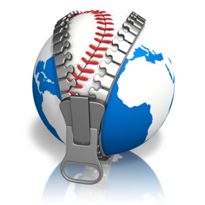 An image of an earth being zipped open revealing a baseball.