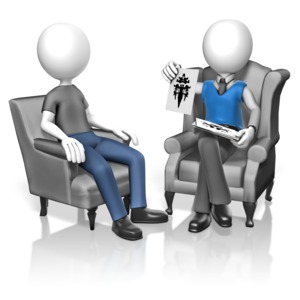 A stick figure is administered a Rorshach test by another stick figure.