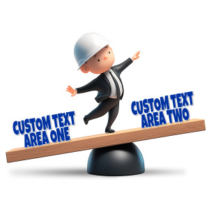 An image of a concept of a figure standing on a beam balancing between two pieces of custom text.