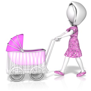 This clip art image shows a woman figure pushing a stroller.