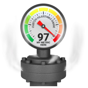 A pressure gauge reads into the red as the pipes beneath it are springing a leak. With room for custom text at the bottom of the label.