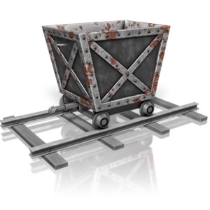 An empty rusted mining cart on tracks.