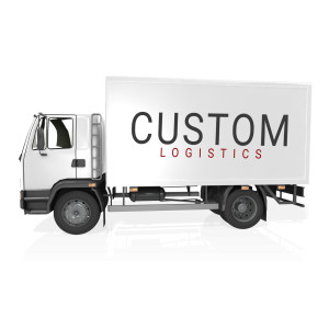 A delivery truck is shown with custom text on the side of the truck.