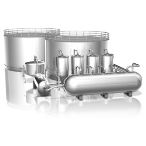 A group of tanks, pipes, and storage containers making up a refinery.