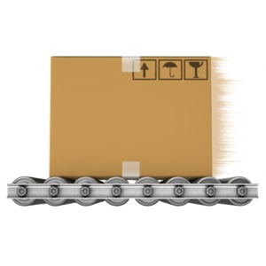 This clip art image shows a shipping box moving quickly across shipping rollers.