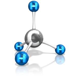 This clip art image shows a carbon molecule with four hydrogen molecules bonded creating methane.