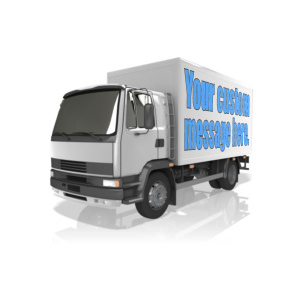 A delivery truck is shown with custom text on the side of the truck.