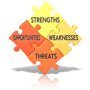 An image of a SWOT diagram made from puzzle pieces.