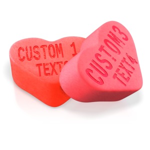 This clip art image shows two candy hearts with custom text on them.