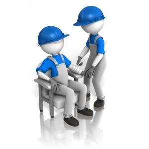 One worker is shown helping bandage up another worker.