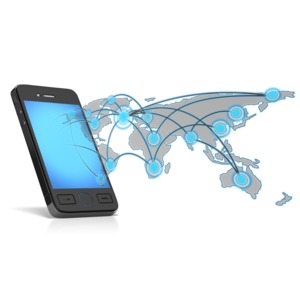 This clip art shows a smart phone connecting to parts of the world.