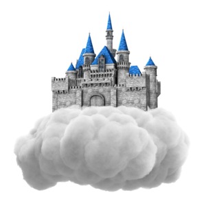 A medieval castle rests on a cloud.