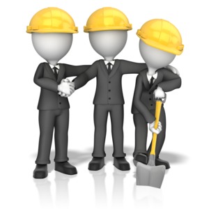 This clip art image shows three business figures at a building ground breaking.