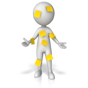 A stick figure is shown covered in blank notes.