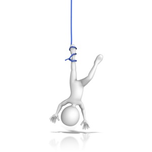 A figure caught in a rope hangs upside.