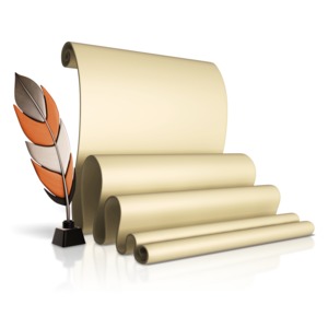 This clip art shows a rolled paper with a feather in a ink well next to it.