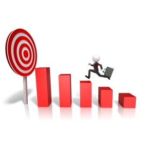 An image of a stick figure in a suit running up a graph to a target.
