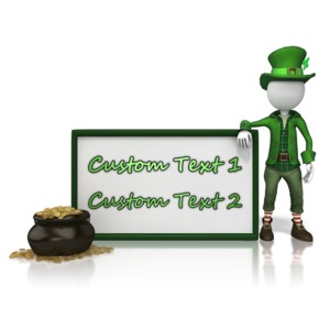 An image of a happy leprechaun standing next to a blank sign. The leprechaun is dressed in a brilliant green suit and is wearing a green top hat.  There is room on the sign for you to add your own text.  Happy St. Patrick&#039;s Day.