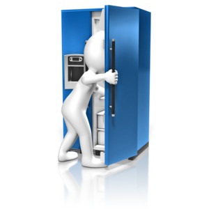 A stick figure takes a peek in a refrigerator.