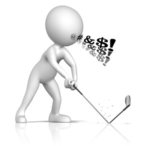 A figure is smashing a golf club in a fit of anger and frustration.