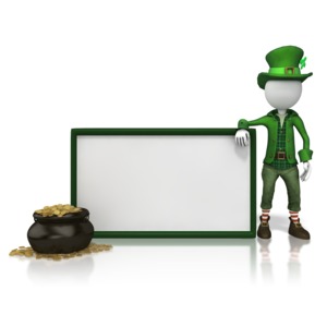 An image of a happy leprechaun standing next to a blank sign. The leprechaun is dressed in a brilliant green suit and is wearing a green top hat.  There is room on the sign for you to add your own text.  Happy St. Patrick&#039;s Day.