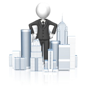 A giant business man stands among buildings and skyscrapers. This clip-art can represent being a business giant.