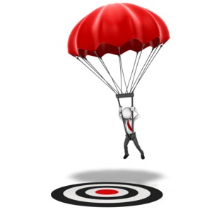 An image of a parachute figure landing on a large round target.