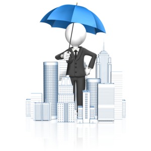 A giant business man holding an umbrella stands among buildings and skyscrapers. This clip-art can represent business protection.