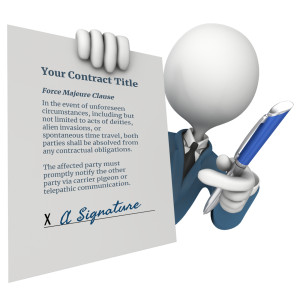 A custom animation of a stick figure offering a pen to sign a contract.