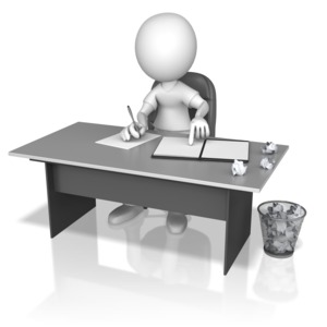 This clip art image shows a figure at a desk looking at a binder while writing on a separate piece of paper.