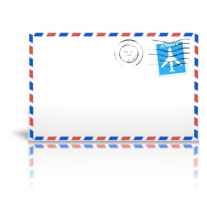 An image of an airmail envelope with a stamp that is cancelled.