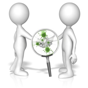 This clip art image shows two figure shaking hands under a magnify glass showing germs being transferred.