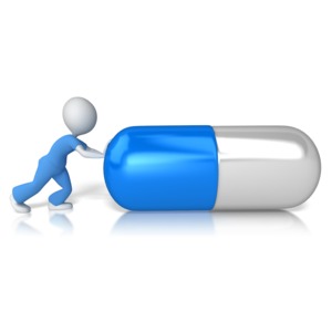 A nurse or doctor figure is shown pushing a pill.