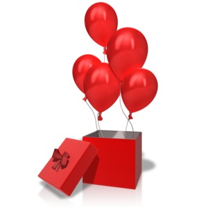 An image of a group of balloons rising out of a gift box.