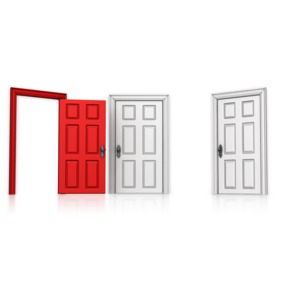 This clip art image shows three doors with the left one open and highlighted in a color.