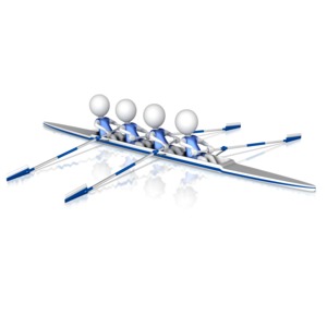 This clip art shows a team of for figures rowing in unison.